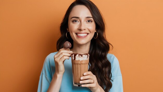 Woman with a glass of coffee smoothie with chocolate syrup and ice cream ball