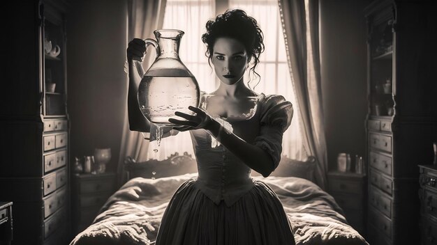 Woman with glass and jug in bedroom