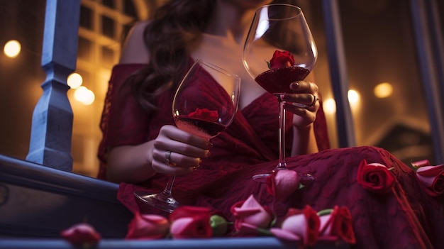 Foto donna con un bicchiere di vino rosso e una rosa rossa