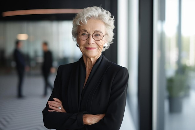 A woman with glasses and a black jacket stands in front of a glass wall.