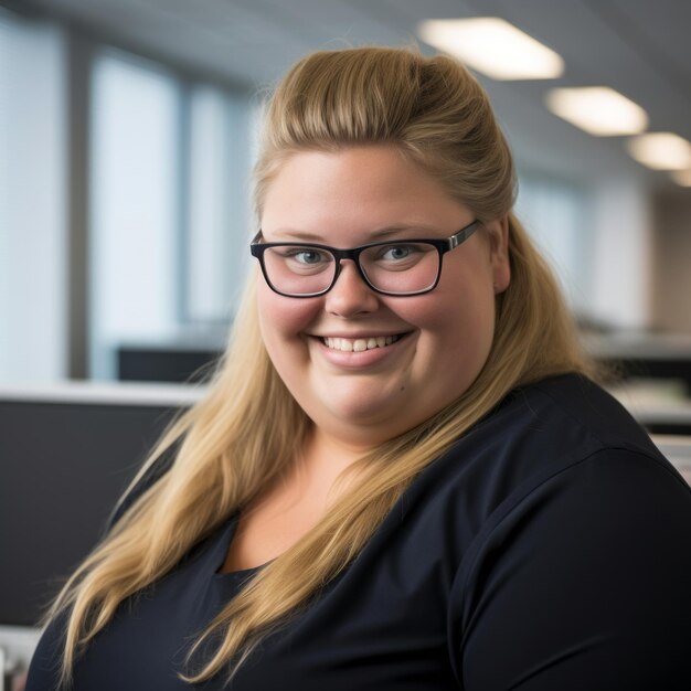 a woman with glasses and a black shirt smiling at the camera