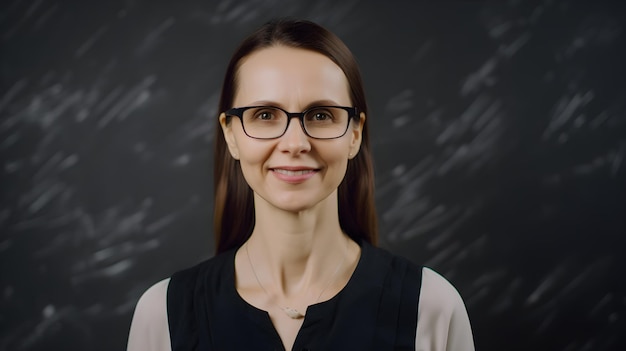 A woman with glasses and a black shirt stands in front of a black background.