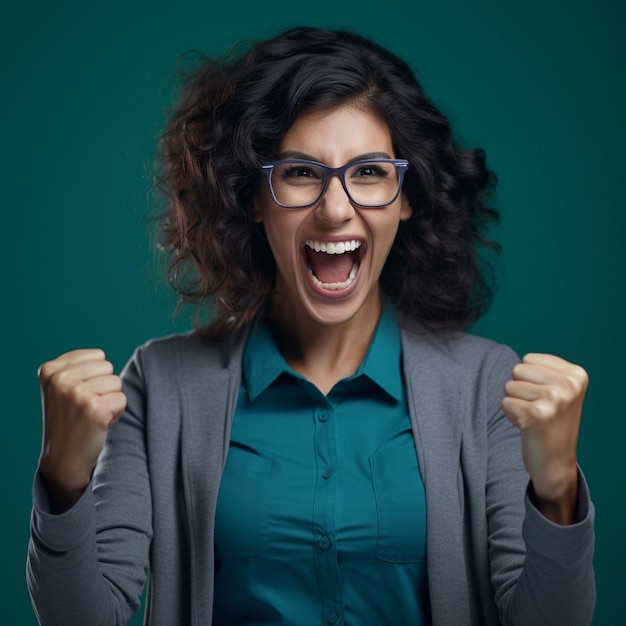 A woman with glasses and a blue cardigan is celebrating a victory.