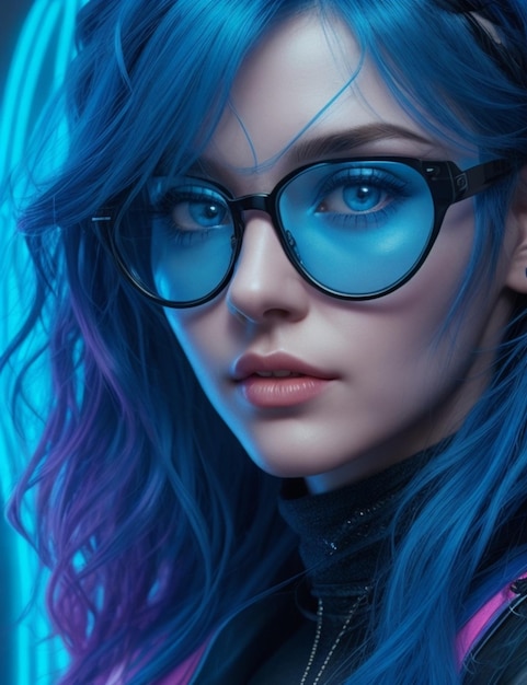 a woman with glasses and a blue hair