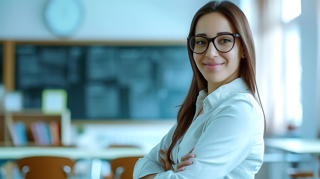 Woman With Glasses in Bright Classroom Generative AI