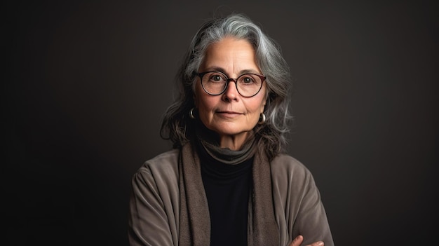 A woman with glasses and a brown sweater stands with her arms crossed.