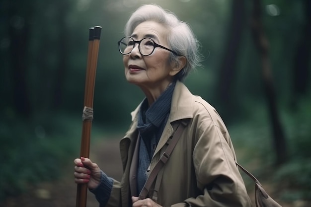 眼鏡と杖を持った女性が森の中を歩いています。