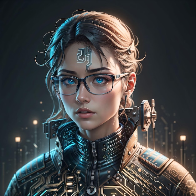 A woman with glasses and circuit board design