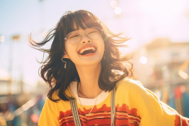 a woman with glasses and a colorful shirt is laughing