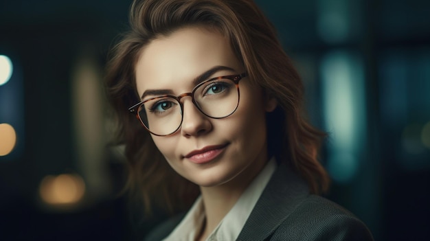 A woman with glasses and a dark background