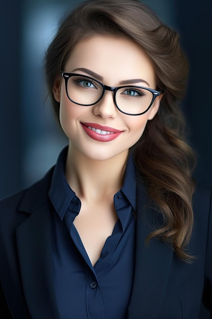 A woman with glasses in a dark suit