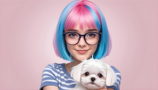 a woman with glasses and a dog in a striped shirt is holding a white dog