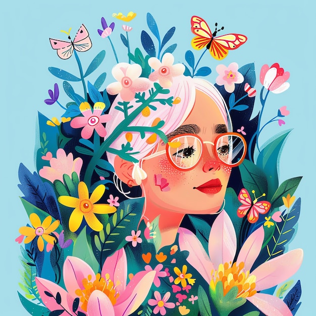Photo a woman with glasses and a flower in her hair is surrounded by butterflies