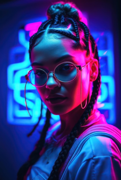 A woman with glasses in front of a neon sign that says'i'm a girl '