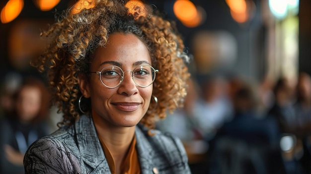 a woman with glasses and a gray jacket is sitting in a booth