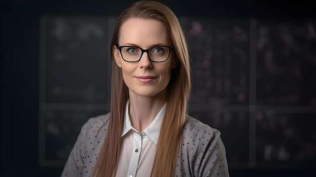 A woman with glasses and a grey sweater stands in front of a blackboard with a graph showing the time of 1 : 30.