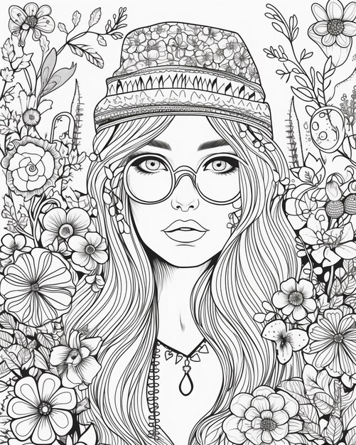 a woman with glasses and a hat in a flower garden generative ai