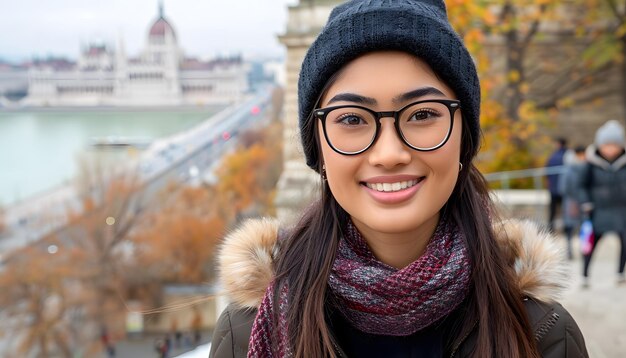 Photo a woman with glasses and a hat is smiling on camera while traveling