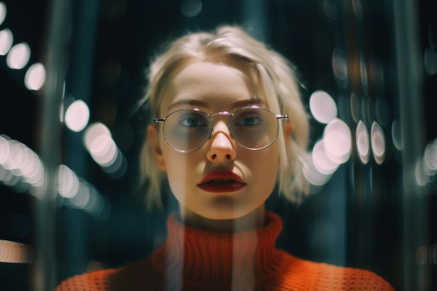 Photo a woman with glasses on her face stands in front