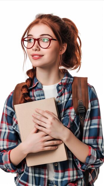 Photo woman with glasses holding book