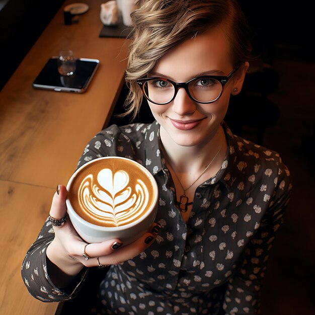 a woman with glasses holding a cup of latte on her hand international coffee day concept