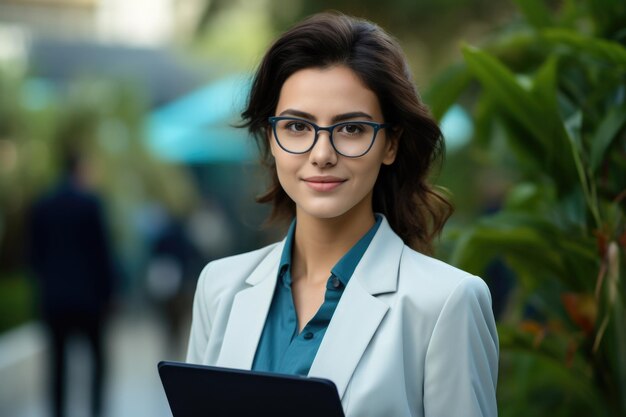 メガネをかぶった女性がラップトップコンピュータを握っている