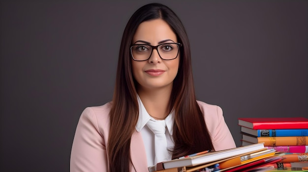 A woman with glasses holds books and a book.