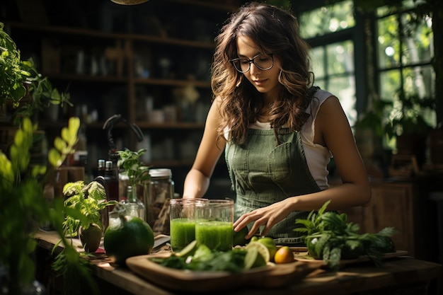 woman with glasses is combining green juice at kitchen counter