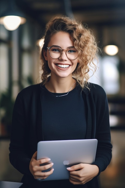 メガネをかけた女性がノートパソコンを持って微笑んでいます。