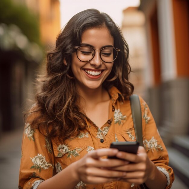 a woman with glasses is looking at a phone and smiling