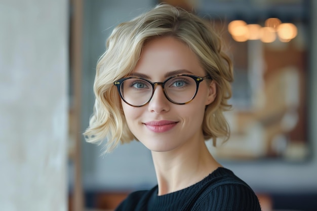 眼鏡をかけた女性がカメラオフィスの企業バナーウェブサイトに笑顔を浮かべている