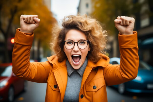 Woman with glasses and jacket is screaming and holding her arms up