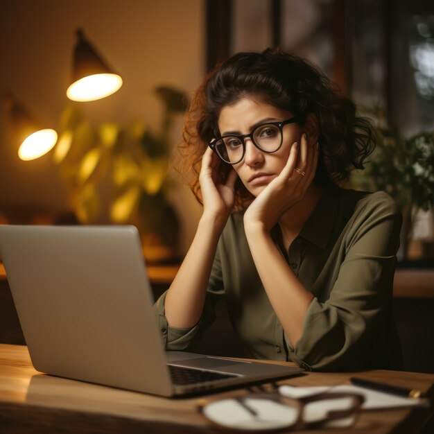 Женщина в очках смотрит на ноутбук со словом «нет».