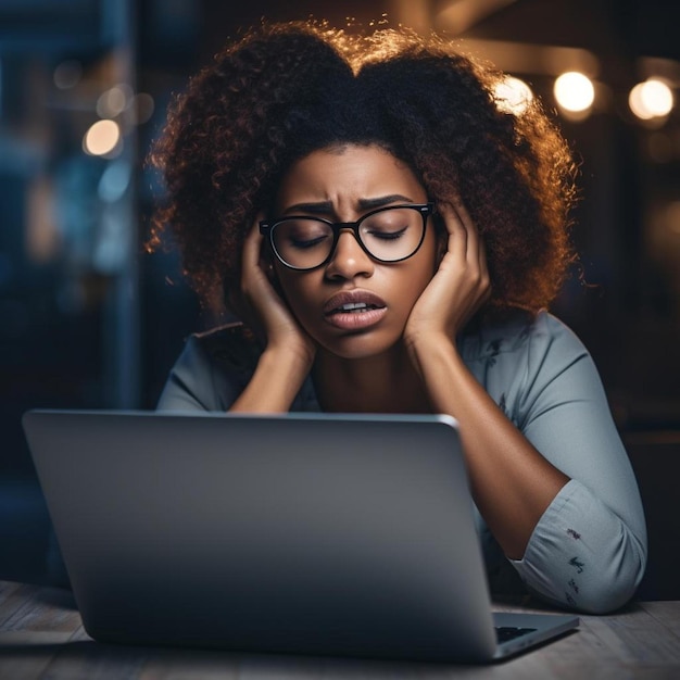 a woman with glasses looking at a laptop