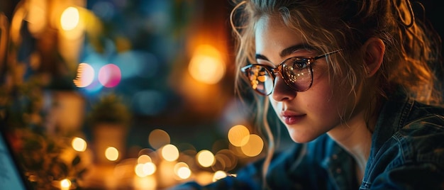 A woman with glasses looking at a laptop