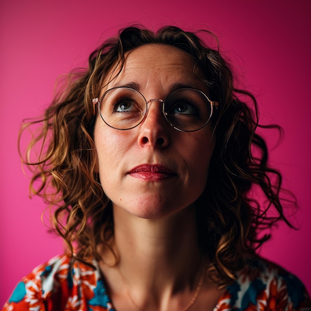 A woman with glasses looking up at the camera