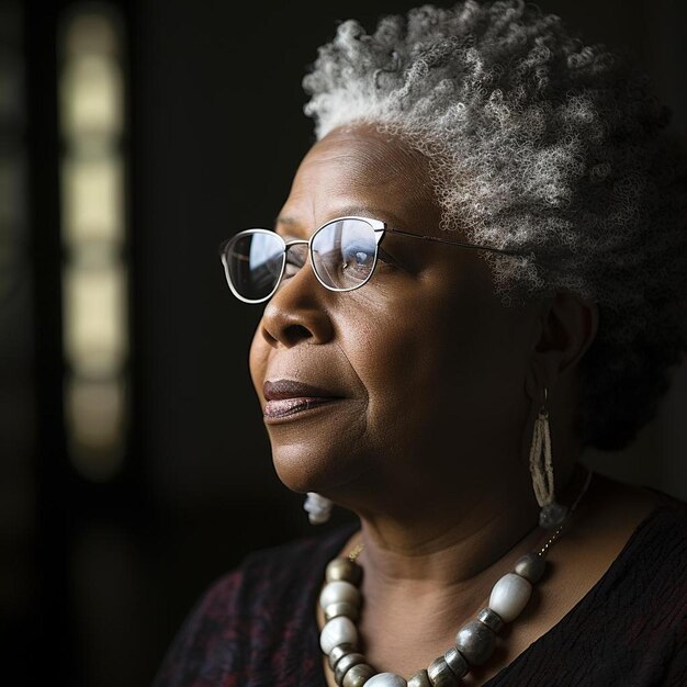 Photo a woman with glasses and a necklace looks off into the distance