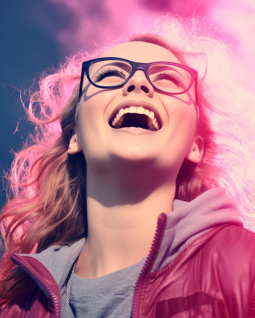 a woman with glasses and a pink jacket is laughing