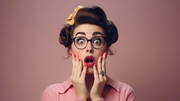 A woman with glasses and a pink shirt with a bow on her head and a pink shirt