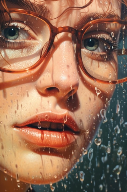 A woman with glasses and a raindrop on her face