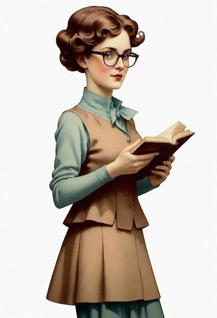 a woman with glasses reading a book by a drawing of a woman