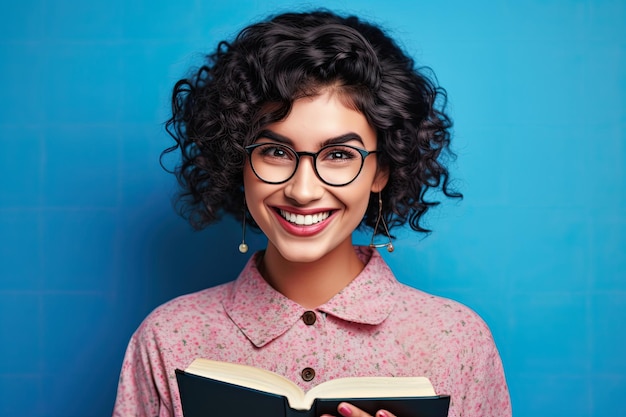 A woman with glasses reading a book