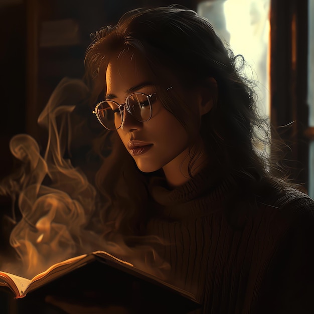 안경을 쓴 여성이 영화 AI 생성 책을 읽습니다.