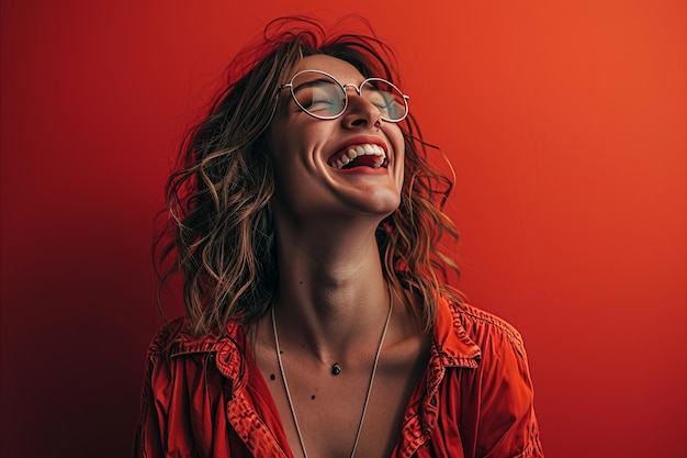 A woman with glasses and a red shirt is laughing