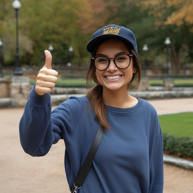 a woman with glasses showing her thumbs up