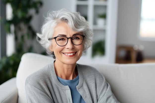 a woman with glasses sitting on a couch