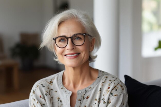 a woman with glasses sitting on a couch