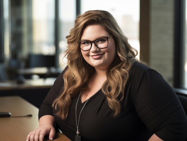 Photo a woman with glasses sitting at a table in an office