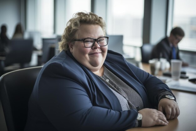 Foto una donna con gli occhiali seduta a un tavolo in un ufficio