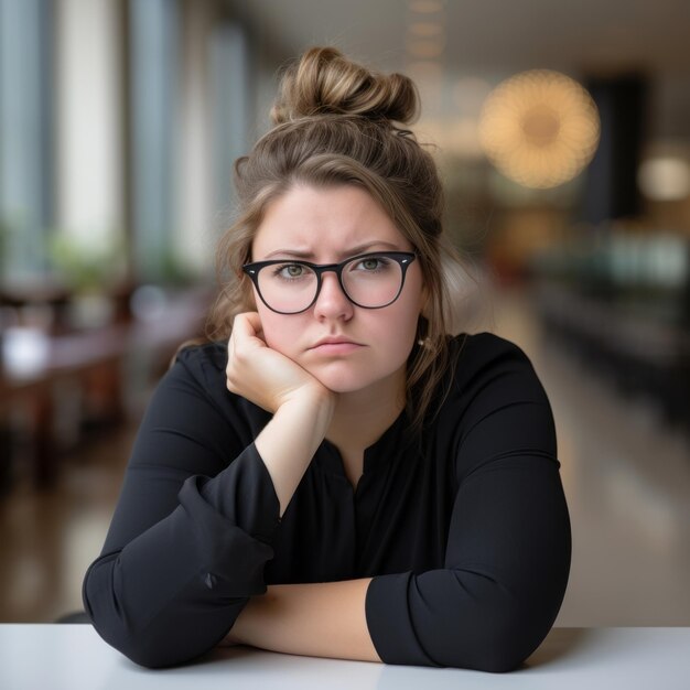 Photo a woman with glasses sitting at a table